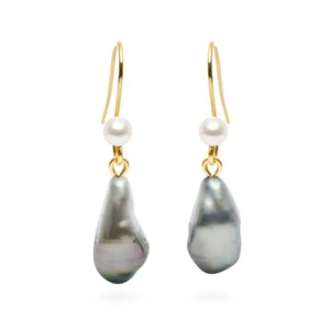 Pendientes de perlas de agua salada barrocos tahitianos de plata natural oro amarillo 14 K - Imagen 1 de 6