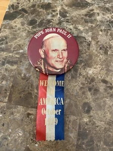 VINTAGE POPE JOHN PAUL II - WELCOME TO AMERICA BUTTON RIBBON 3” OCTOBER 1979 - Picture 1 of 4