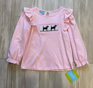 New! Velani Long Sleeve Pink and White Smocked Black Dog Shirt, Girls Size 6X - Picture 1 of 7