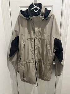 Eddie Bauer Mens Size XL Weatheredge Hooded Rain Jacket Tan/Black Lined Pockets - Picture 1 of 18