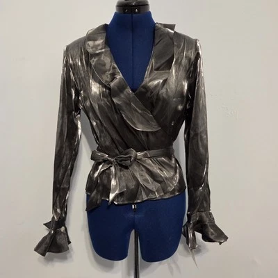 Camisa Xscape By Lawrence Kurtz Vintage Años 90 Deadstock Plateada Envolvente Talla 12 Foto 1 de 4