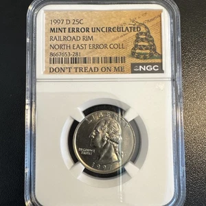 1997-D 25C Railroad Rim NE Error Collection Don’t Tread On Me Label NGC UNC - Picture 1 of 3