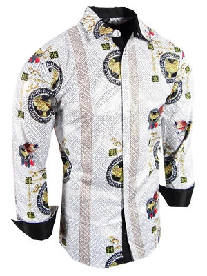 Mens Shirt Italian Stripe Floral Leaf Gold Foil Overlay Stretch Slim Fit Button - Image 1 of 2