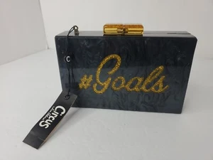 New! Sam Edelman Black Gold & Marblized Goals Circus Hard Acrylic Case Clutch - Picture 1 of 10