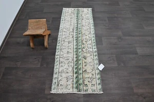 Vintage Türkischer Läufer Teppich 2x5ft Wolle Anatolisch Handarbeit Flur Oushak WEISS - Bild 1 von 9