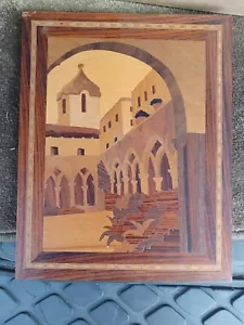 Vintage Volkskunst Holz Einlage Bild Gebäude Innenhof Holzschnitt - Bild 1 von 11