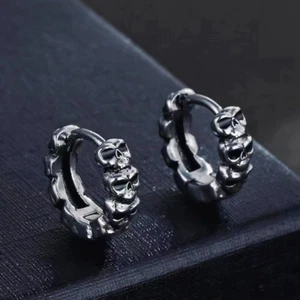 Silver Small Skull Huggie Hoop Earrings Surgical Steel Punk Rock Jewelry Gift - Picture 1 of 3