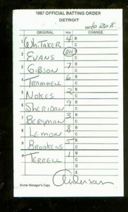 1987 (June 26) Detroit Tigers lineup card v. Baltimore Orioles