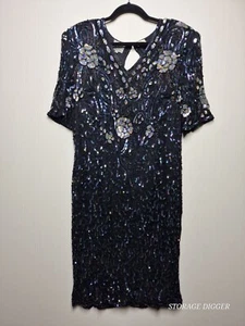 Vintage Stenay Plus Sequin Dress Womens 20 Black Floral Silk V-Neck Keyhole Back - Picture 1 of 15