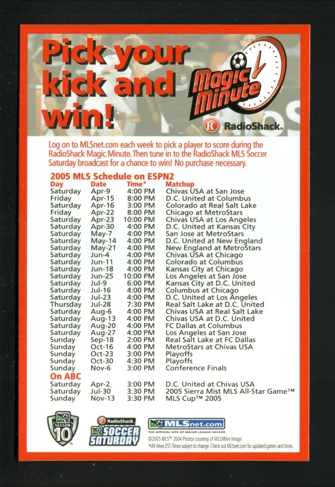 MLS--2005 磁铁电视时间表 ESPN2 -- Radio Shack — 第 1/1 张图片