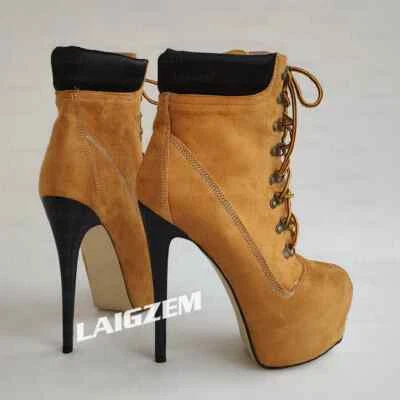 Women Ankle Boots Faux Suede Round Toe Lace Up Thin High Heels Short Booties Sho - Photo 1/4