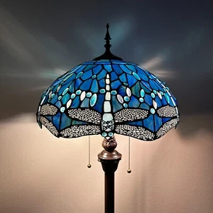 Tiffany Style Floor Lamp Blue Stained Glass Dragonfly Metal Base 64”H*16"W*16"D - Picture 1 of 8