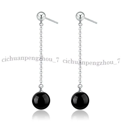 Aretes colgantes de cadena con cuentas redondas de piedras preciosas de ágata de ónix negro natural de 10 mm Foto 1 de 4