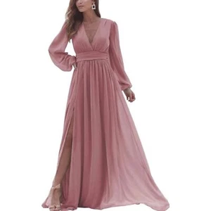 Vestidos de dama de honor de manga larga rosa polvorienta cuello en V línea A - Imagen 1 de 6