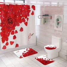 Floral Rose Love 4Pcs Bathroom Set Waterproof Shower Curtain Toilet Cover Mat