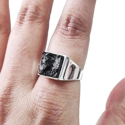 ROUGH BLACK TOURMALINE GEMSTONE 925 STERLING SILVER SOLID SIMPLE HEAVY MANS RING - Image 1 of 4