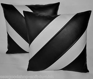 2 Black & White Striped Faux Leather Cushions 16" 18" & Filler Pads - Picture 1 of 2