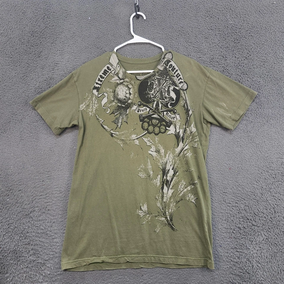 Camisa Xtreme Couture Para Hombres Mediana Grande Verde Calavera Pala Gráfico Aflicción Foto 1 de 4