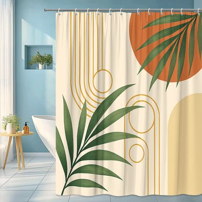 Cortina de Ducha Boho Tropical con Hojas Verdes y Acentos Naranja Foto 1 de 4