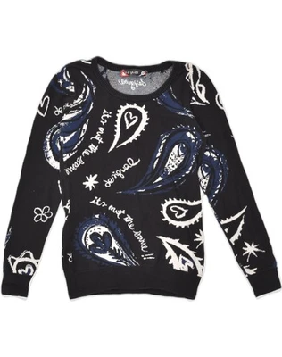 DESIGUAL Womens Boat Neck Jumper Sweater UK 8 Small Black Paisley Cotton ZF89 - Image 1 of 4