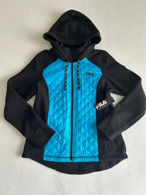 Women's FILA Hoodie Full Zip Black Blue Quilted Size Large NWT - Image 1 of 4
