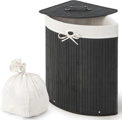 Corner Laundry Hamper with Lid, 58 L Bamboo Laundry Basket with Removable Liner - Image 1 of 4
