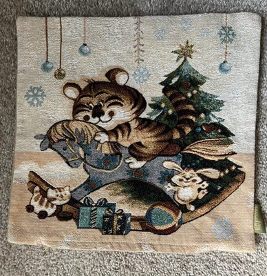 Rue Des Paris Gobelins Tapestry Pillow Cover  12x12" Cat Christmas Tree Rocking - Image 1 of 4