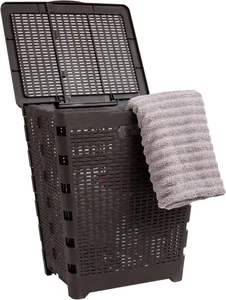 Cesta de lavandería plegable 61L, cesta de ropa, tapa, diseño de mimbre, plástico, marrón - Imagen 1 de 12