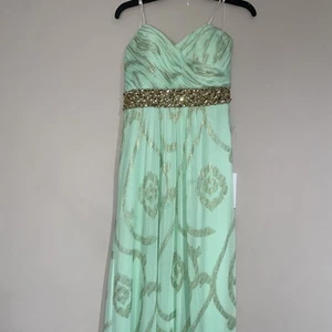 Vestido griego de colección Y2K años 90 Betsy & Adam verde menta y dorado sin tirantes gema graduación talla 10 - Imagen 1 de 9