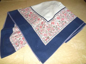 Cotton Blend Vintage Tablecloth 58 x 82" Rectangle Navy Blue & Floral Border  - Picture 1 of 11