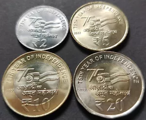 India SET of 4 New Coins 2022 on 75th Independence denomination Rs 2, 5, 10 & 20 - Picture 1 of 2