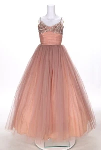 Unbranded Vintage 1950s Pink Crinoline Beaded Ballgown Pageant Prom Dress 3/4 - Picture 1 of 3