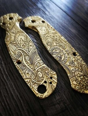 Лист пейсли - Spyderco PM2 - рельеф гравированный латунный нож весы - военизированные 2 - Изображение 1 из 4