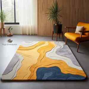 Abstract Yellow River Design Rectangular Shape Premium Hand Tufted Colorful Wool