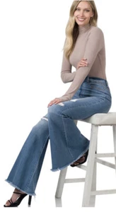 New Ladies Flare Bottom Jeans 26” Waist Distressed High Rise Stretch Denim - Picture 1 of 6