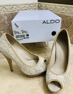 ALDO Scharer Cream Crochet Peep Toe Heels 35B ~ U.S. 5 - Picture 1 of 11
