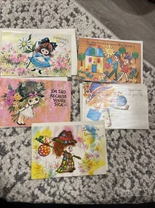 Vintage 5 Grußkarten unbenutzt + Umschlag 70er Jahre blaues Band - Bild 1 von 15