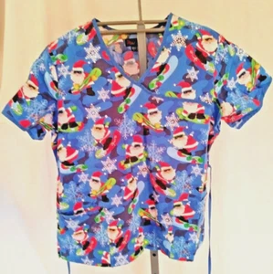 Christmas Santa Claus Surfing Scrub Top Shirt Womens Size Large Sparkles Peaches - Picture 1 of 7