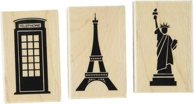 Inkadinkado Iconic Landmark Travel Wood Stamps 3pc Paris London Statue Liberty - Image 1 of 2