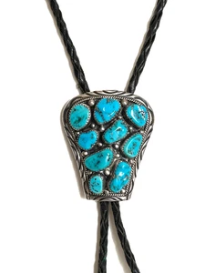 VTG. Signed Navajo Handmade 9 Turquoise Stones Sterling Silver Bolo Tie Necklace - Picture 1 of 6