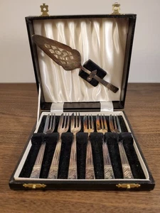 Vintage England Angora EPNS Silver Plate 6 Pastry Cake Fork Cutlery Set Server - Picture 1 of 15
