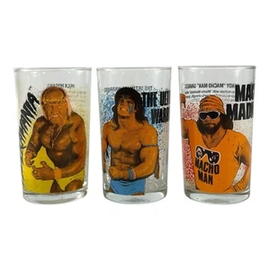 3 Vintage 1988 WWF Hulk Hogan/The Ultimate Warrior/Macho Man Drinking Glass Cups - Picture 1 of 2