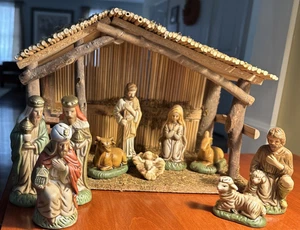 Belén vintage Sears 32 97890 figuras de porcelana pintadas a mano establo de madera - Imagen 1 de 18