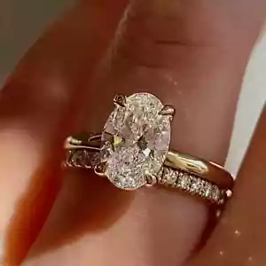 Oval Cut Lab Created Diamond New Wedding Ring Bridal Set 14K Yellow Gold Finish - Picture 1 of 7