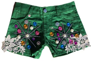 Girls Kids Rhinestone Jeans Short Flower Power Green S 96 M 104 L 110/116 - Picture 1 of 3