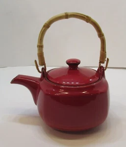 Vintage Southern Living At Home Red Harmony Old Porcelain Teapot w Bamboo Handle - Picture 1 of 9