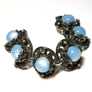 Pulsera Moonglow ENORME Panel Azul Grueso Cabujón Antiguo Peltre Plateado Vintage - Imagen 1 de 8