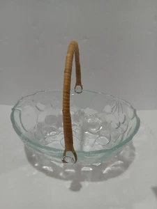 Vintage Etched Art Glass Fruit Bowl With Wicker Handle - Picture 1 of 10