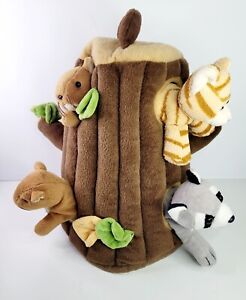 Tree Trunk Plush House with 5 Stuffed Animals Squirrel and Cat 11" Tall Unipak