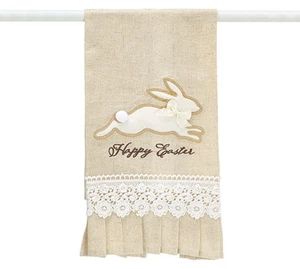 Bunny Rabbit Tea Towel Happy Easter Brown Natural Linen Lace Ruffles 24" Cute - Picture 1 of 1